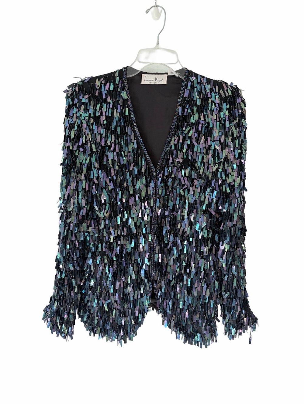 Vintage Laurence Kazar Black Silk Holographic Beaded Evening Jacket size large